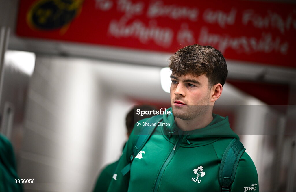 13 February 2026; Donnacha McGuire of Ireland arrives ahead of the U20 Six Nations Rugby Championship match between Ireland and Italy at Virgin Media Park in Cork. Photo by Shauna Clinton/Sportsfile
