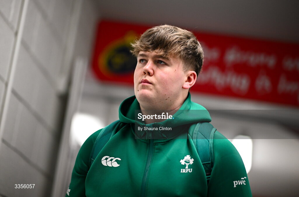 13 February 2026; Blake McClean of Ireland arrives ahead of the U20 Six Nations Rugby Championship match between Ireland and Italy at Virgin Media Park in Cork. Photo by Shauna Clinton/Sportsfile