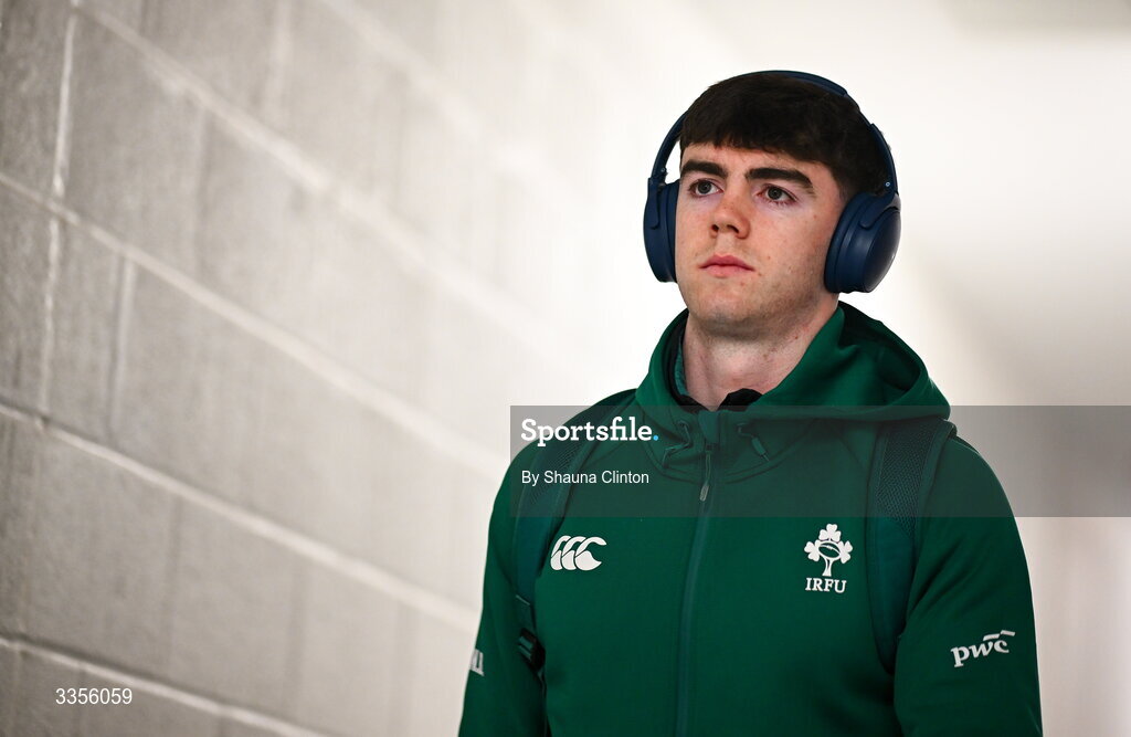 13 February 2026; Noah Byrne of Ireland arrives ahead of the U20 Six Nations Rugby Championship match between Ireland and Italy at Virgin Media Park in Cork. Photo by Shauna Clinton/Sportsfile