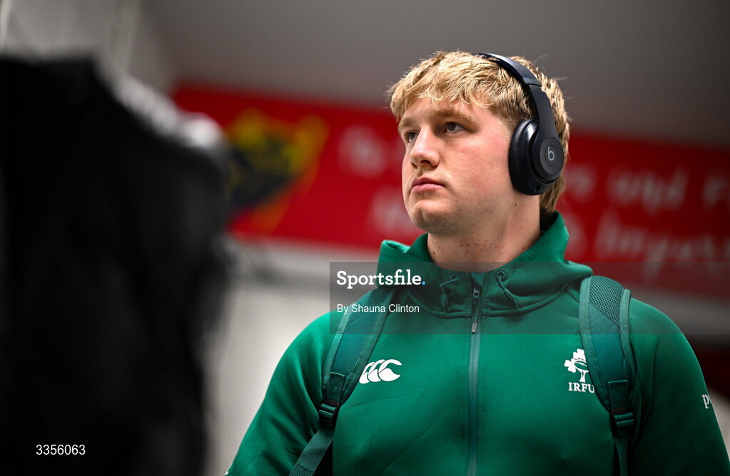 13 February 2026; Rian Handley of Ireland arrives ahead of the U20 Six Nations Rugby Championship match between Ireland and Italy at Virgin Media Park in Cork. Photo by Shauna Clinton/Sportsfile
