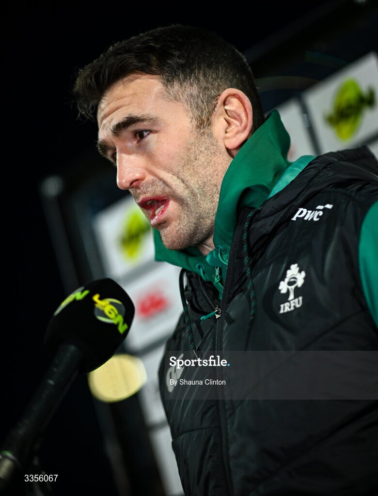 13 February 2026; Ireland head coach Andrew Browne is interviewed before the U20 Six Nations Rugby Championship match between Ireland and Italy at Virgin Media Park in Cork. Photo by Shauna Clinton/Sportsfile