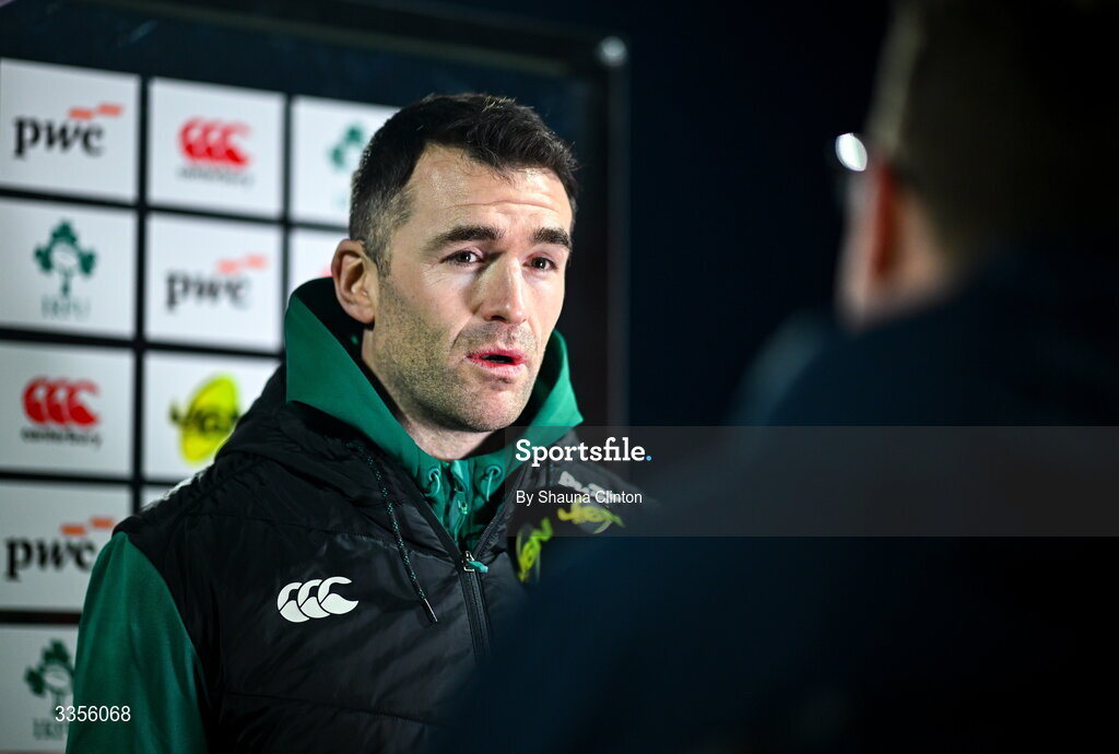 13 February 2026; Ireland head coach Andrew Browne is interviewed before the U20 Six Nations Rugby Championship match between Ireland and Italy at Virgin Media Park in Cork. Photo by Shauna Clinton/Sportsfile