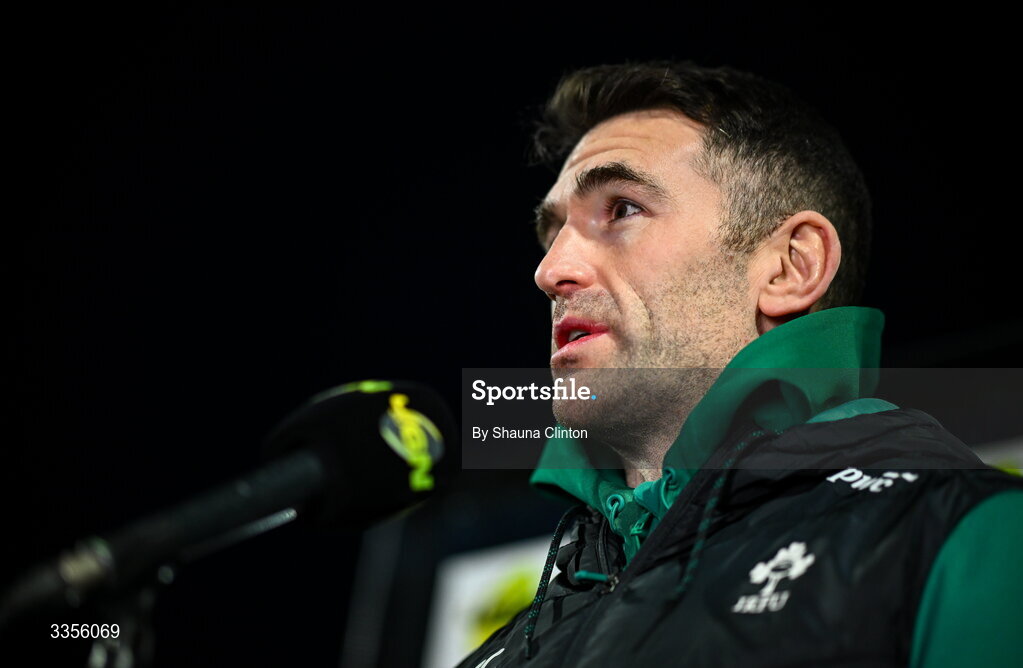 13 February 2026; Ireland head coach Andrew Browne is interviewed before the U20 Six Nations Rugby Championship match between Ireland and Italy at Virgin Media Park in Cork. Photo by Shauna Clinton/Sportsfile