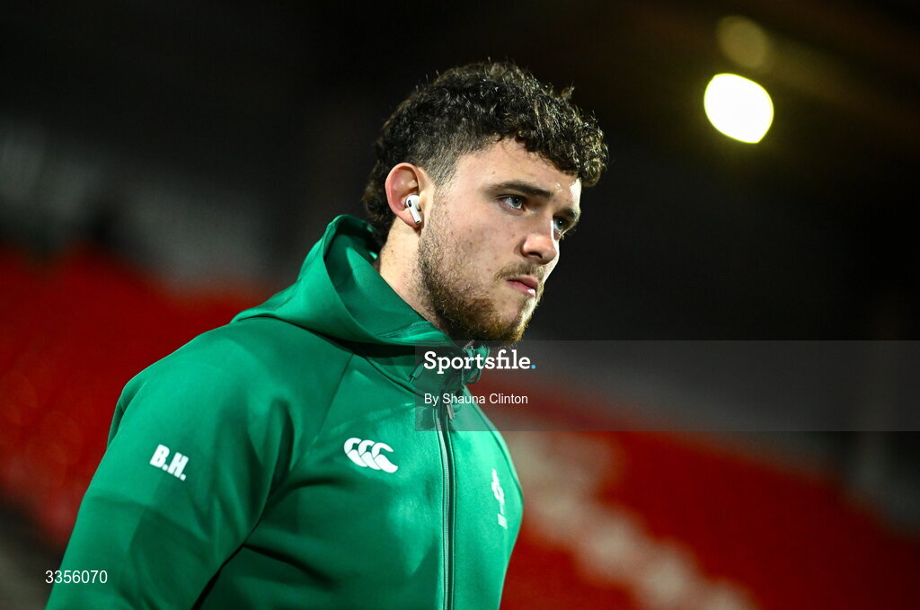 13 February 2026; Billy Hayes of Ireland inspects the pitch before the U20 Six Nations Rugby Championship match between Ireland and Italy at Virgin Media Park in Cork. Photo by Shauna Clinton/Sportsfile