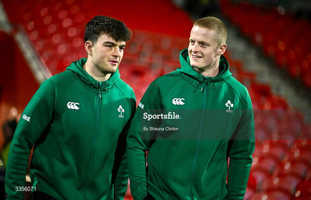13 February 2026; Ireland players Donnacha McGuire, left, and Dylan McNeice before the U20 Six Nations Rugby Championship match between Ireland and Italy at Virgin Media Park in Cork. Photo by Shauna Clinton/Sportsfile