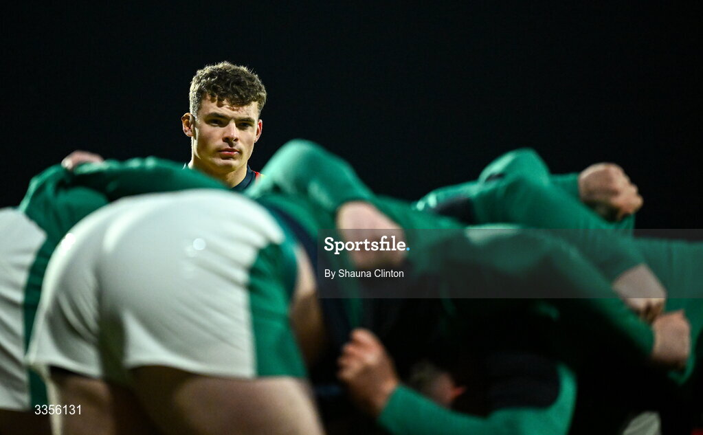 13 February 2026; Ireland players warm-up before the U20 Six Nations Rugby Championship match between Ireland and Italy at Virgin Media Park in Cork. Photo by Shauna Clinton/Sportsfile