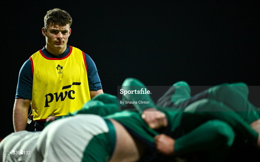 13 February 2026; Ireland players warm-up before the U20 Six Nations Rugby Championship match between Ireland and Italy at Virgin Media Park in Cork. Photo by Shauna Clinton/Sportsfile