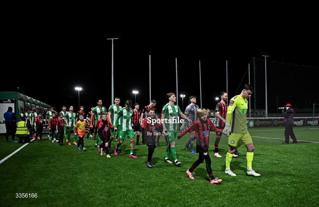 13 February 2026; Bray Wanderers captain Jimmy Corcoran leads his side out for the SSE Airtricity Men's First Division match between Bray Wanderers and Longford Town at Carlisle Grounds in Bray, Wicklow. Photo by Seb Daly/Sportsfile