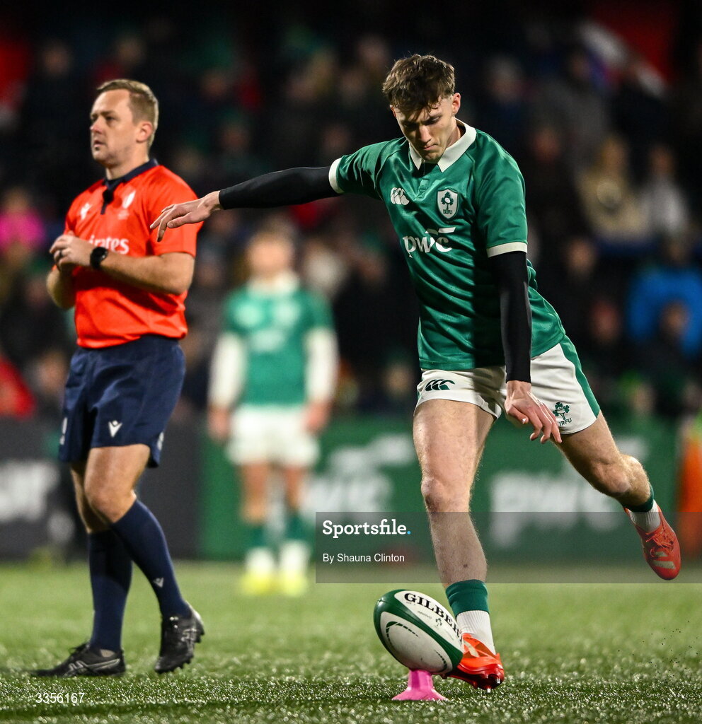 13 February 2026; Tom Wood of Ireland kicks a penalty try during the U20 Six Nations Rugby Championship match between Ireland and Italy at Virgin Media Park in Cork. Photo by Shauna Clinton/Sportsfile