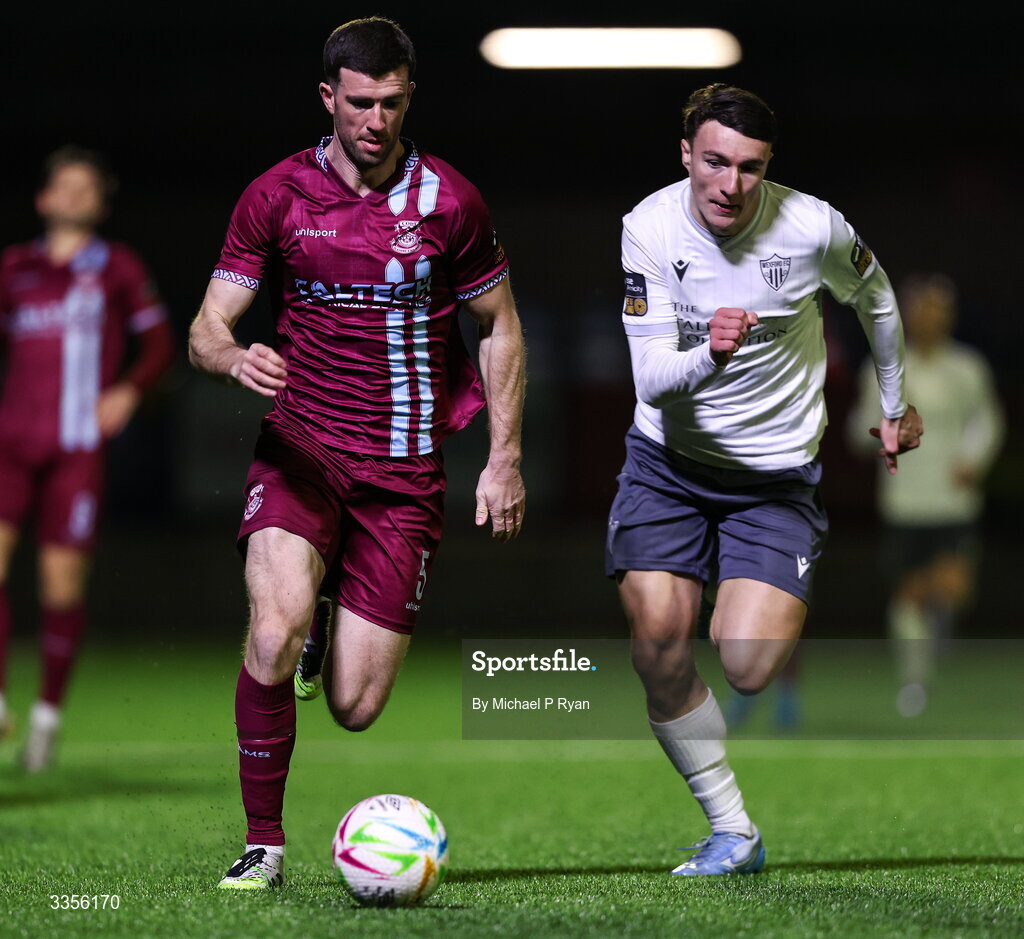 13 February 2026; Brendeán Frahill of Cobh Ramblers in action against Jake Doyle of Wexford during the SSE Airtricity Men's First Division match between Cobh Ramblers and Wexford at St Colman's Park in Cobh, Cork. Photo by Michael P Ryan/Sportsfile