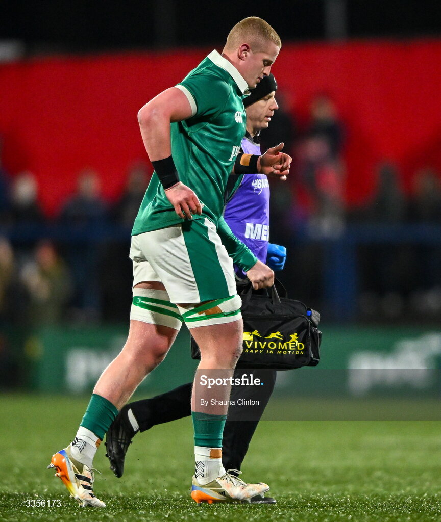 13 February 2026; Dylan McNeice of Ireland leaves the pitch to receive medical attention during the U20 Six Nations Rugby Championship match between Ireland and Italy at Virgin Media Park in Cork. Photo by Shauna Clinton/Sportsfile