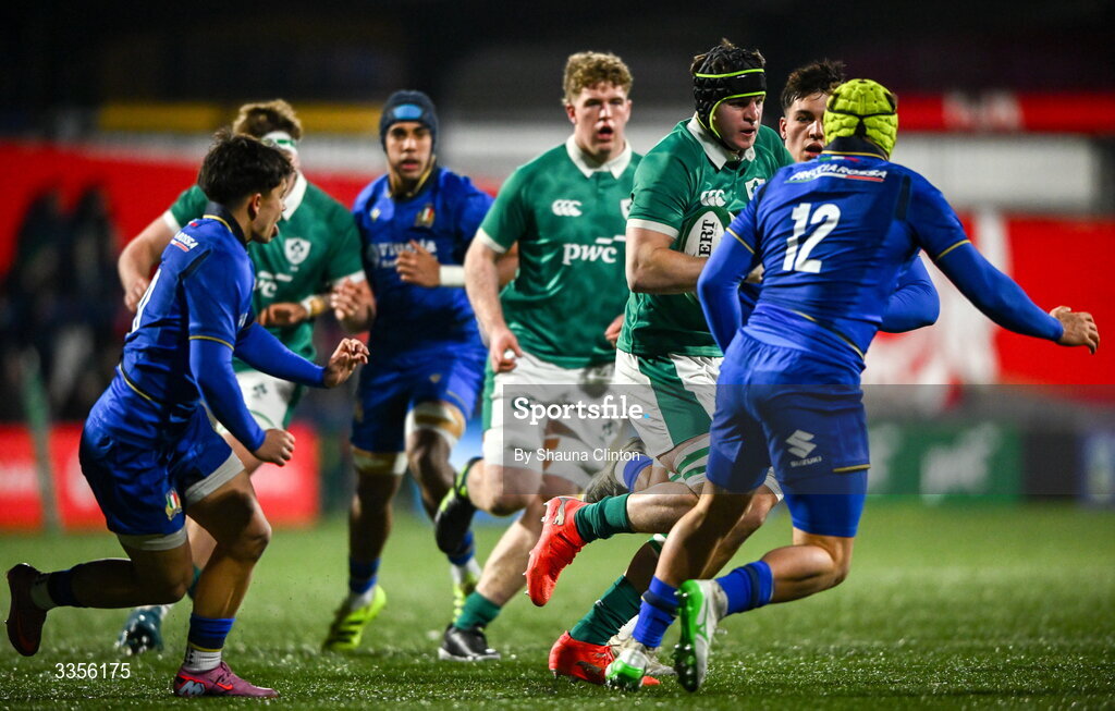 13 February 2026; Josh Neill of Ireland in action against Riccardo Casarin of Italy during the U20 Six Nations Rugby Championship match between Ireland and Italy at Virgin Media Park in Cork. Photo by Shauna Clinton/Sportsfile