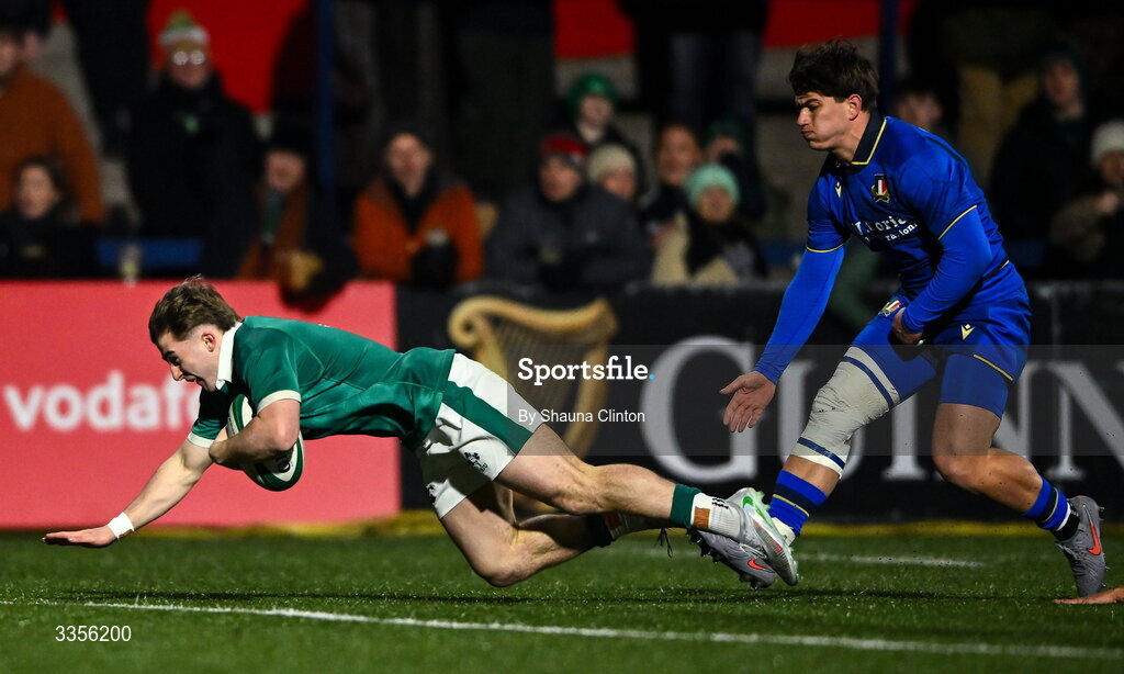 13 February 2026; Christopher Barrett of Ireland scores his side's first try during the U20 Six Nations Rugby Championship match between Ireland and Italy at Virgin Media Park in Cork. Photo by Shauna Clinton/Sportsfile