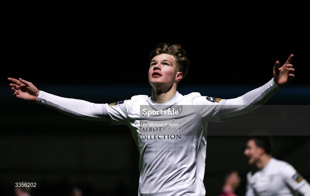 13 February 2026; Ryan Ritchie of Wexford celebrates after scoring his side's first goal during the SSE Airtricity Men's First Division match between Cobh Ramblers and Wexford at St Colman's Park in Cobh, Cork. Photo by Michael P Ryan/Sportsfile