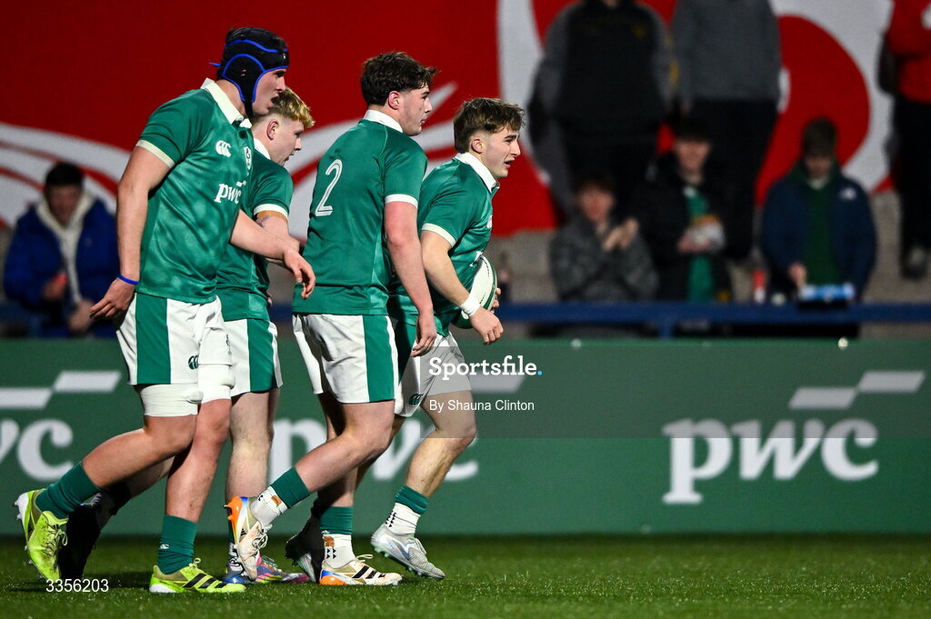 13 February 2026; Christopher Barrett of Ireland, right, celebrates with team-mates after scoring his side's first try during the U20 Six Nations Rugby Championship match between Ireland and Italy at Virgin Media Park in Cork. Photo by Shauna Clinton/Sportsfile