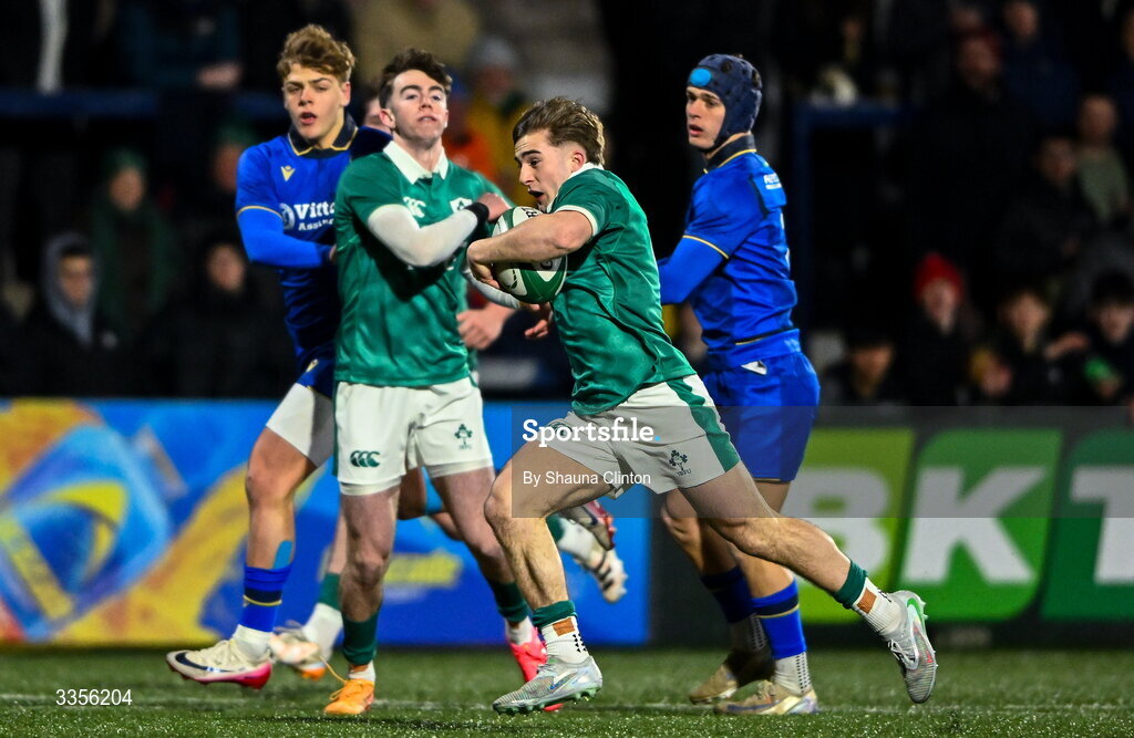 13 February 2026; Christopher Barrett of Ireland makes a break on his way to scoring his side's first try during the U20 Six Nations Rugby Championship match between Ireland and Italy at Virgin Media Park in Cork. Photo by Shauna Clinton/Sportsfile