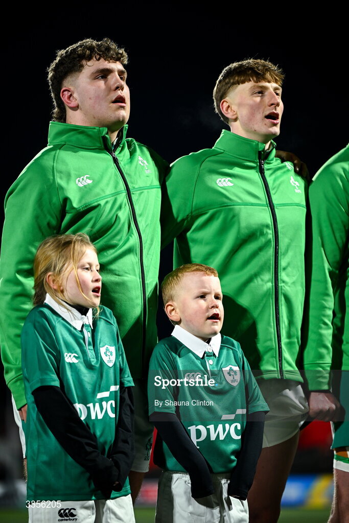 13 February 2026; Ireland players sing the national anthem ahead of the U20 Six Nations Rugby Championship match between Ireland and Italy at Virgin Media Park in Cork. Photo by Shauna Clinton/Sportsfile