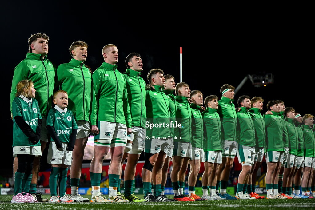 13 February 2026; Ireland players sing the national anthem ahead of the U20 Six Nations Rugby Championship match between Ireland and Italy at Virgin Media Park in Cork. Photo by Shauna Clinton/Sportsfile