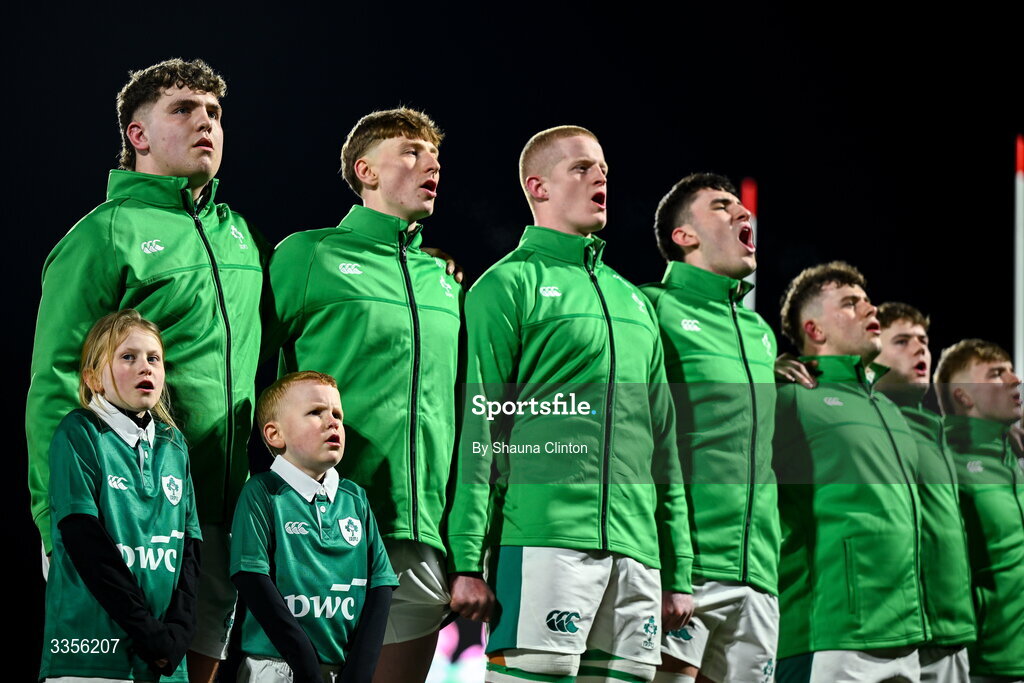 13 February 2026; Ireland players sing the national anthem ahead of the U20 Six Nations Rugby Championship match between Ireland and Italy at Virgin Media Park in Cork. Photo by Shauna Clinton/Sportsfile