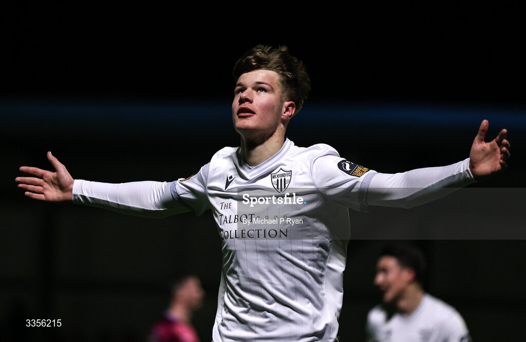 13 February 2026; Ryan Ritchie of Wexford celebrates after scoring his side's first goal during the SSE Airtricity Men's First Division match between Cobh Ramblers and Wexford at St Colman's Park in Cobh, Cork. Photo by Michael P Ryan/Sportsfile