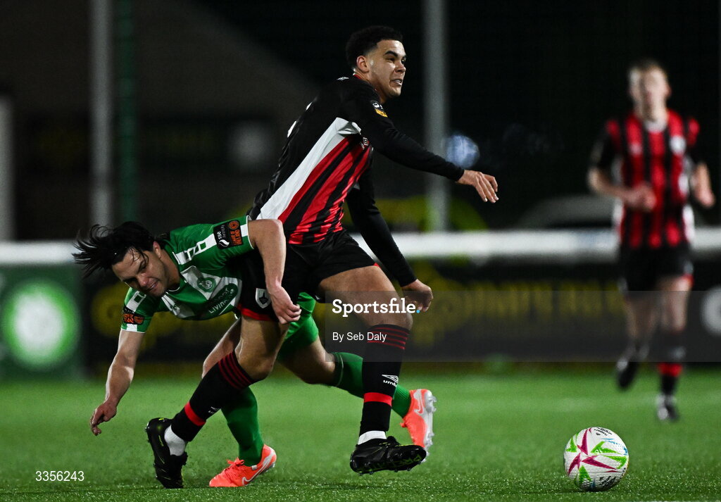 13 February 2026; Pharrell Manuel of Longford Town is tackled by Sean Brennan of Bray Wanderers during the SSE Airtricity Men's First Division match between Bray Wanderers and Longford Town at Carlisle Grounds in Bray, Wicklow. Photo by Seb Daly/Sportsfile