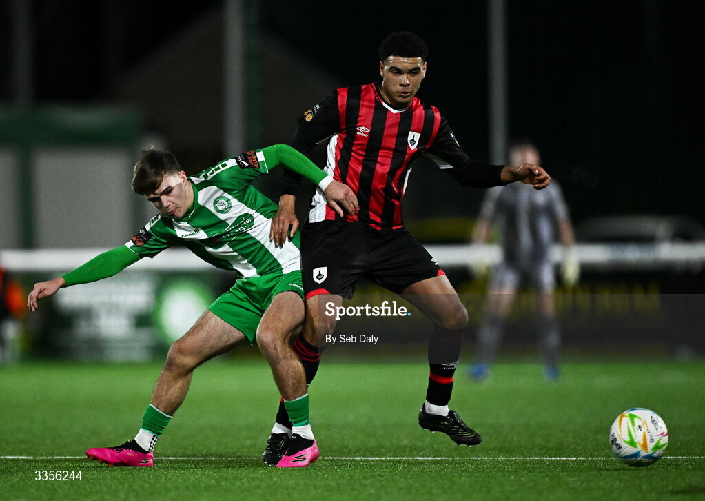 13 February 2026; Pharrell Manuel of Longford Town is tackled by Billy O'Neill of Bray Wanderers during the SSE Airtricity Men's First Division match between Bray Wanderers and Longford Town at Carlisle Grounds in Bray, Wicklow. Photo by Seb Daly/Sportsfile