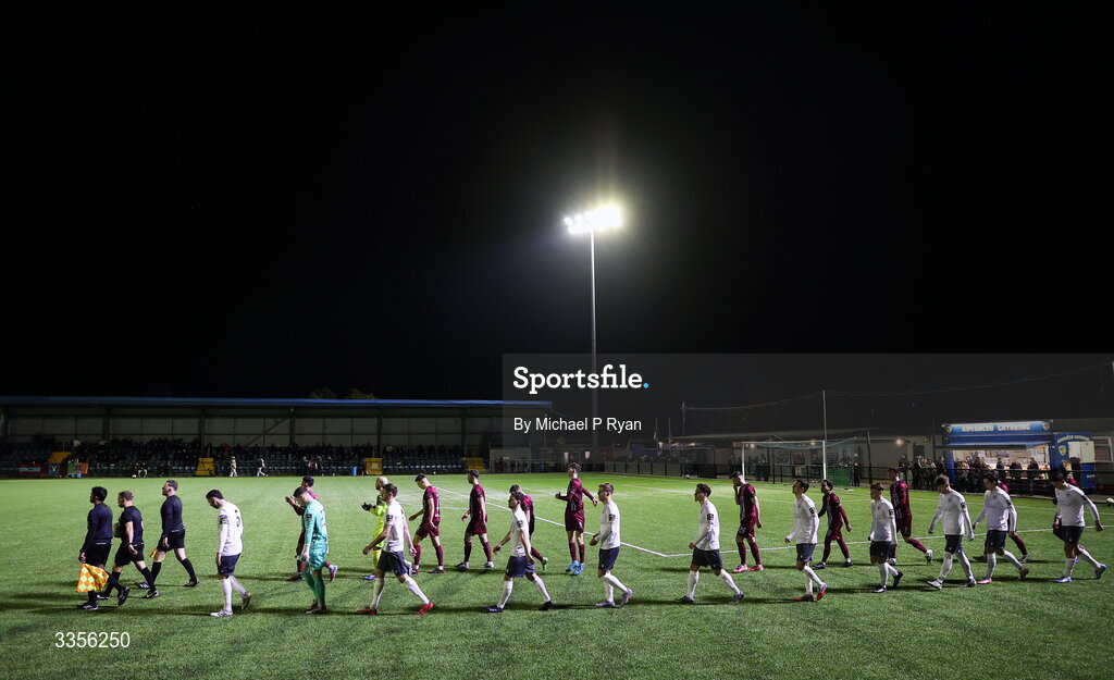 13 February 2026; Players and officials walk out before the SSE Airtricity Men's First Division match between Cobh Ramblers and Wexford at St Colman's Park in Cobh, Cork. Photo by Michael P Ryan/Sportsfile
