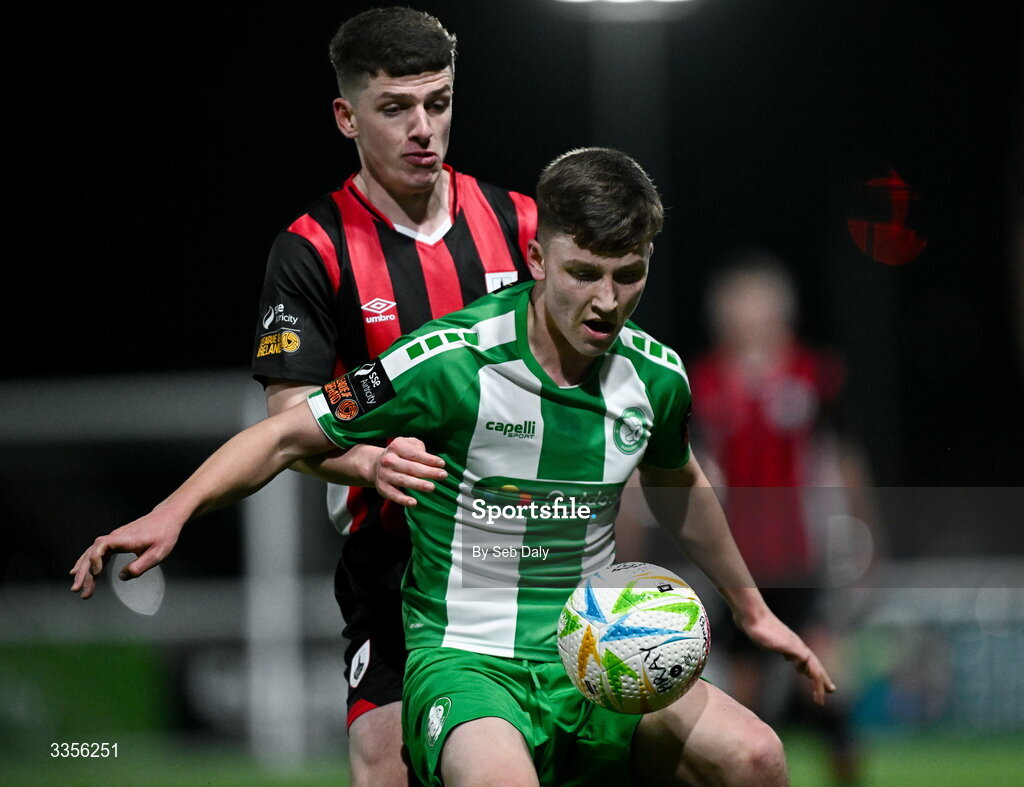 13 February 2026; Richard Ferizaj of Bray Wanderers and Sean Moore of Longford Town during the SSE Airtricity Men's First Division match between Bray Wanderers and Longford Town at Carlisle Grounds in Bray, Wicklow. Photo by Seb Daly/Sportsfile