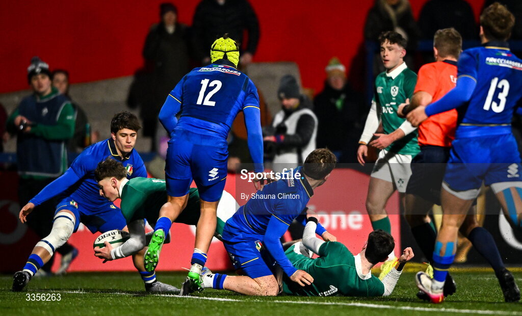 13 February 2026; Daniel Ryan of Ireland dives over to score his side's second try during the U20 Six Nations Rugby Championship match between Ireland and Italy at Virgin Media Park in Cork. Photo by Shauna Clinton/Sportsfile