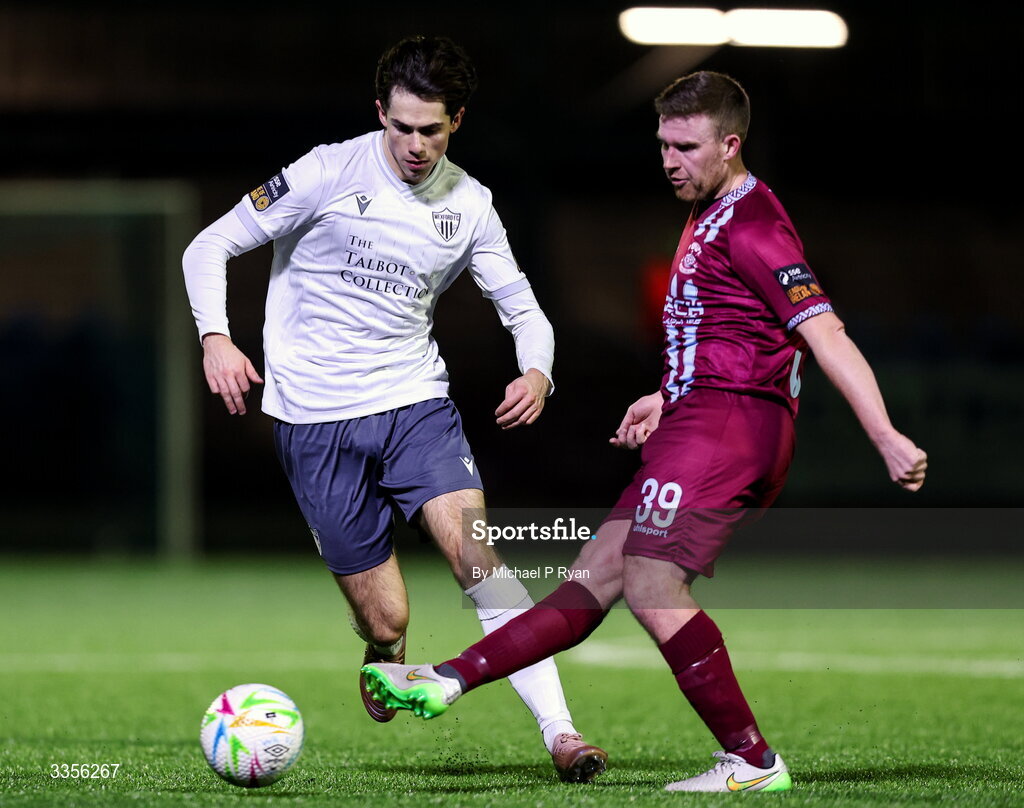 13 February 2026; Jason Abbott of Cobh Ramblers in action against Adam Verdon of Wexford during the SSE Airtricity Men's First Division match between Cobh Ramblers and Wexford at St Colman's Park in Cobh, Cork. Photo by Michael P Ryan/Sportsfile