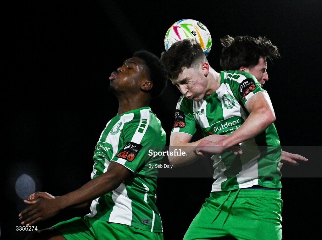 13 February 2026; Alain Kizenga, left, and Richard Ferizaj of Bray Wanderers in action against Aaron Doran of Longford Town during the SSE Airtricity Men's First Division match between Bray Wanderers and Longford Town at Carlisle Grounds in Bray, Wicklow. Photo by Seb Daly/Sportsfile