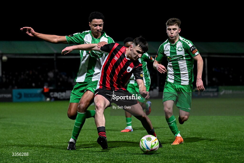 13 February 2026; Andy Paraschiv of Longford Town in action against Declan Osagie of Bray Wanderers during the SSE Airtricity Men's First Division match between Bray Wanderers and Longford Town at Carlisle Grounds in Bray, Wicklow. Photo by Seb Daly/Sportsfile