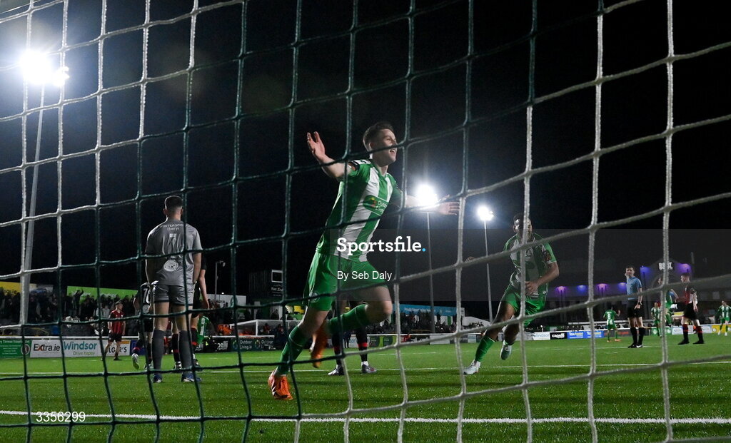 13 February 2026; Richard Ferizaj of Bray Wanderers celebrates after scoring his side's first goal during the SSE Airtricity Men's First Division match between Bray Wanderers and Longford Town at Carlisle Grounds in Bray, Wicklow. Photo by Seb Daly/Sportsfile