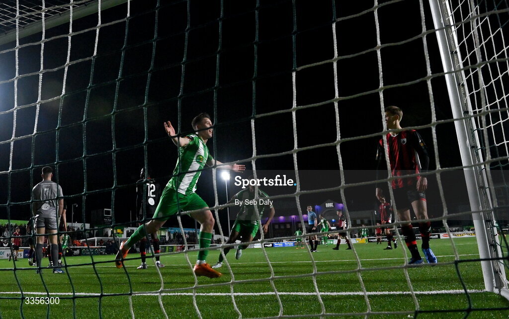13 February 2026; Richard Ferizaj of Bray Wanderers celebrates after scoring his side's first goal during the SSE Airtricity Men's First Division match between Bray Wanderers and Longford Town at Carlisle Grounds in Bray, Wicklow. Photo by Seb Daly/Sportsfile