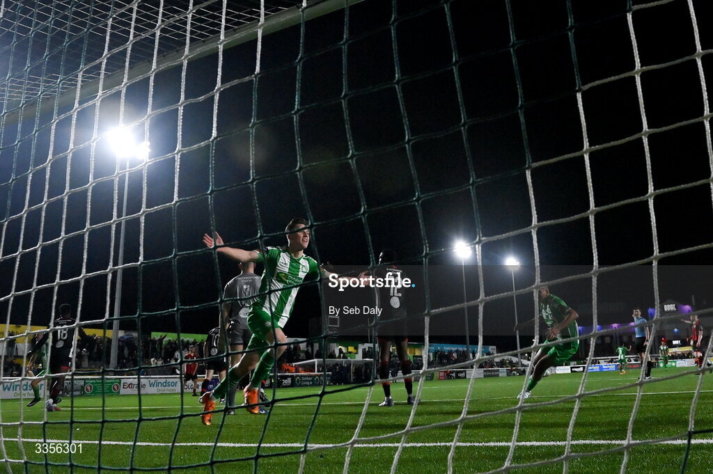 13 February 2026; Richard Ferizaj of Bray Wanderers celebrates after scoring his side's first goal during the SSE Airtricity Men's First Division match between Bray Wanderers and Longford Town at Carlisle Grounds in Bray, Wicklow. Photo by Seb Daly/Sportsfile