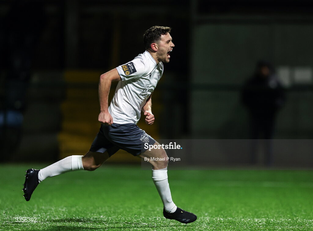13 February 2026; Max Murphy of Wexford celebrates after scoring his side's second goal during the SSE Airtricity Men's First Division match between Cobh Ramblers and Wexford at St Colman's Park in Cobh, Cork. Photo by Michael P Ryan/Sportsfile