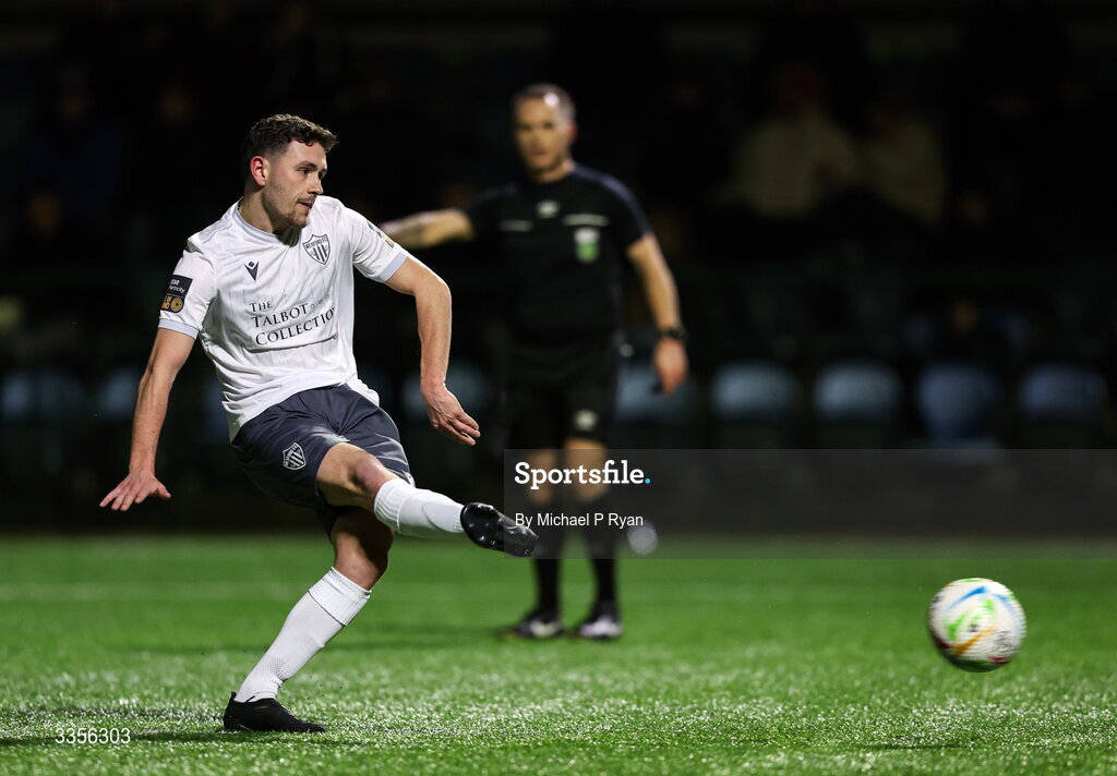 13 February 2026; Max Murphy of Wexford shoots to score his side's second goal, a penalty during the SSE Airtricity Men's First Division match between Cobh Ramblers and Wexford at St Colman's Park in Cobh, Cork. Photo by Michael P Ryan/Sportsfile