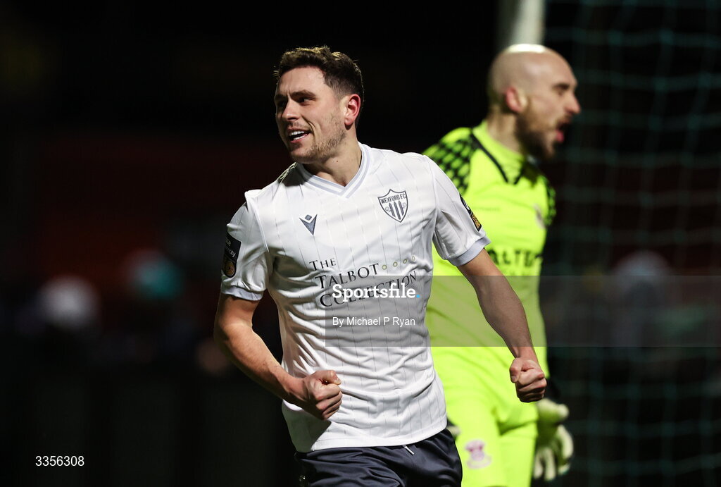 13 February 2026; Max Murphy of Wexford celebrates after scoring his side's second goal during the SSE Airtricity Men's First Division match between Cobh Ramblers and Wexford at St Colman's Park in Cobh, Cork. Photo by Michael P Ryan/Sportsfile