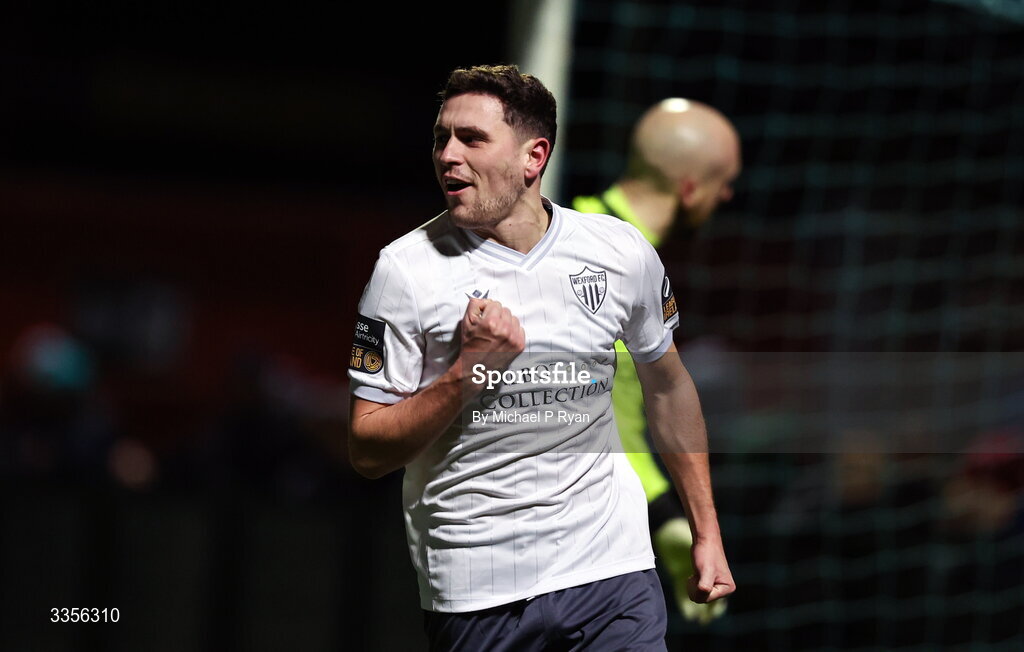 13 February 2026; Max Murphy of Wexford celebrates after scoring his side's second goal during the SSE Airtricity Men's First Division match between Cobh Ramblers and Wexford at St Colman's Park in Cobh, Cork. Photo by Michael P Ryan/Sportsfile