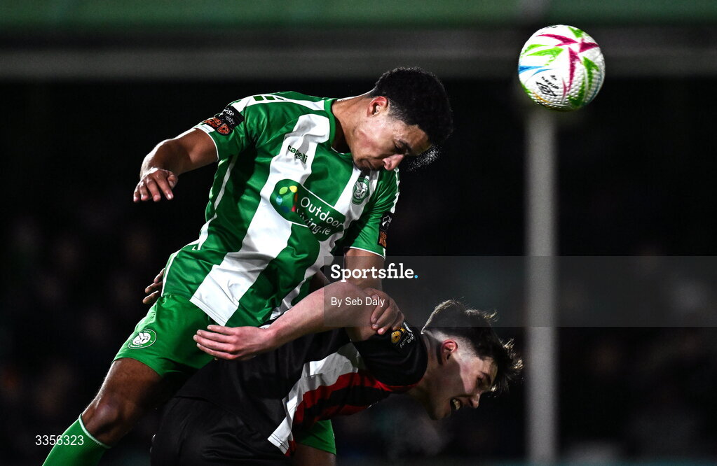 13 February 2026; Declan Osagie of Bray Wanderers in action against Daragh Murtagh of Longford Town during the SSE Airtricity Men's First Division match between Bray Wanderers and Longford Town at Carlisle Grounds in Bray, Wicklow. Photo by Seb Daly/Sportsfile
