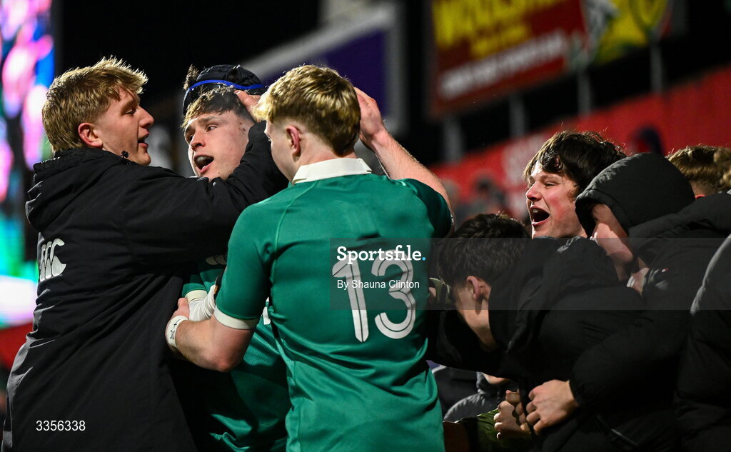 13 February 2026; Donnacha McGuire of Ireland, centre, celebrates with team-mates and supporters after his side's third try during the U20 Six Nations Rugby Championship match between Ireland and Italy at Virgin Media Park in Cork. Photo by Shauna Clinton/Sportsfile
