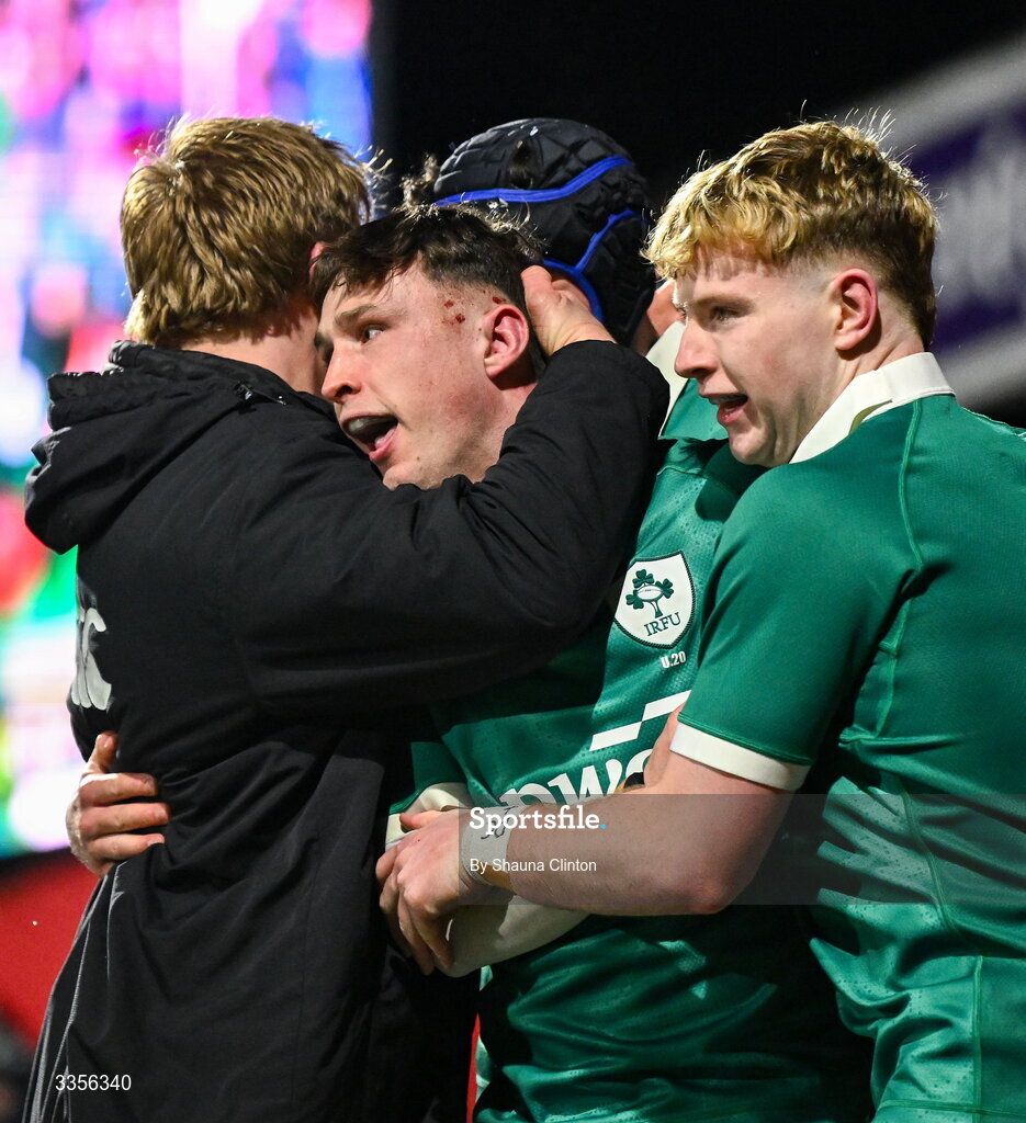 13 February 2026; Derry Moloney of Ireland, centre, celebrates with team-mates and supporters after scoring his side's third try during the U20 Six Nations Rugby Championship match between Ireland and Italy at Virgin Media Park in Cork. Photo by Shauna Clinton/Sportsfile