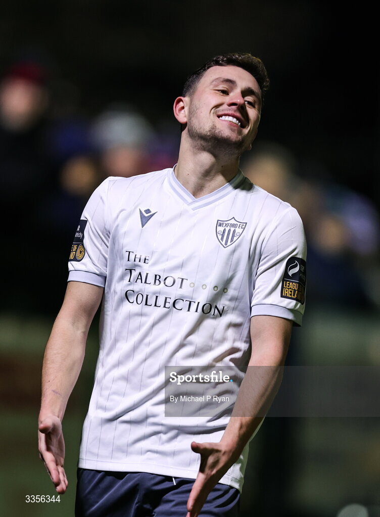 13 February 2026; Max Murphy of Wexford reacts during the SSE Airtricity Men's First Division match between Cobh Ramblers and Wexford at St Colman's Park in Cobh, Cork. Photo by Michael P Ryan/Sportsfile