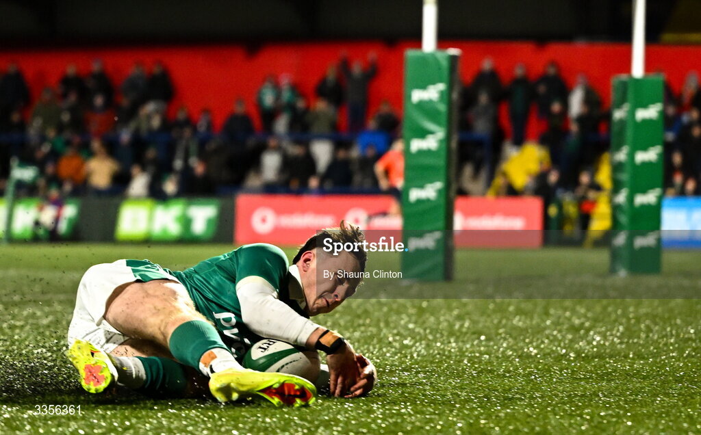 13 February 2026; Derry Moloney of Ireland scores his side's third try during the U20 Six Nations Rugby Championship match between Ireland and Italy at Virgin Media Park in Cork. Photo by Shauna Clinton/Sportsfile