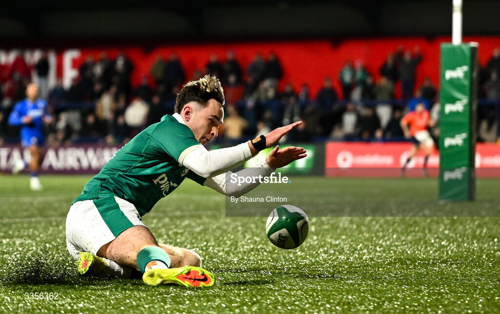 13 February 2026; Derry Moloney of Ireland scores his side's third try during the U20 Six Nations Rugby Championship match between Ireland and Italy at Virgin Media Park in Cork. Photo by Shauna Clinton/Sportsfile