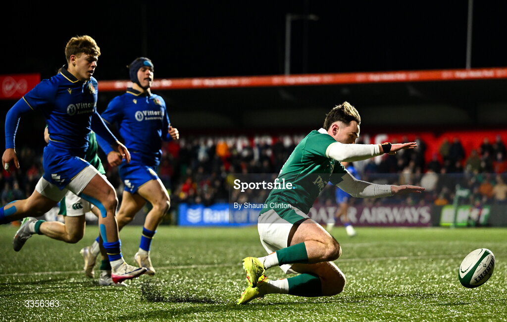 13 February 2026; Derry Moloney of Ireland scores his side's third try during the U20 Six Nations Rugby Championship match between Ireland and Italy at Virgin Media Park in Cork. Photo by Shauna Clinton/Sportsfile