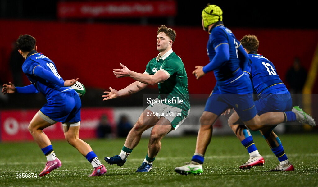 13 February 2026; James O'Leary of Ireland makes a pass during the U20 Six Nations Rugby Championship match between Ireland and Italy at Virgin Media Park in Cork. Photo by Shauna Clinton/Sportsfile