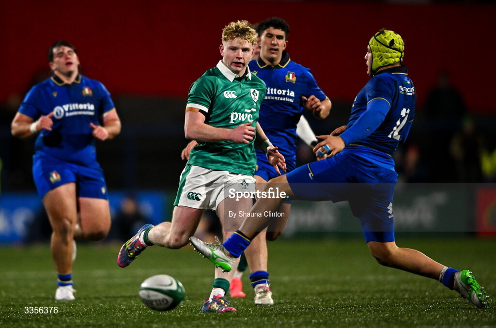 13 February 2026; Rob Carney of Ireland kicks on during the U20 Six Nations Rugby Championship match between Ireland and Italy at Virgin Media Park in Cork. Photo by Shauna Clinton/Sportsfile