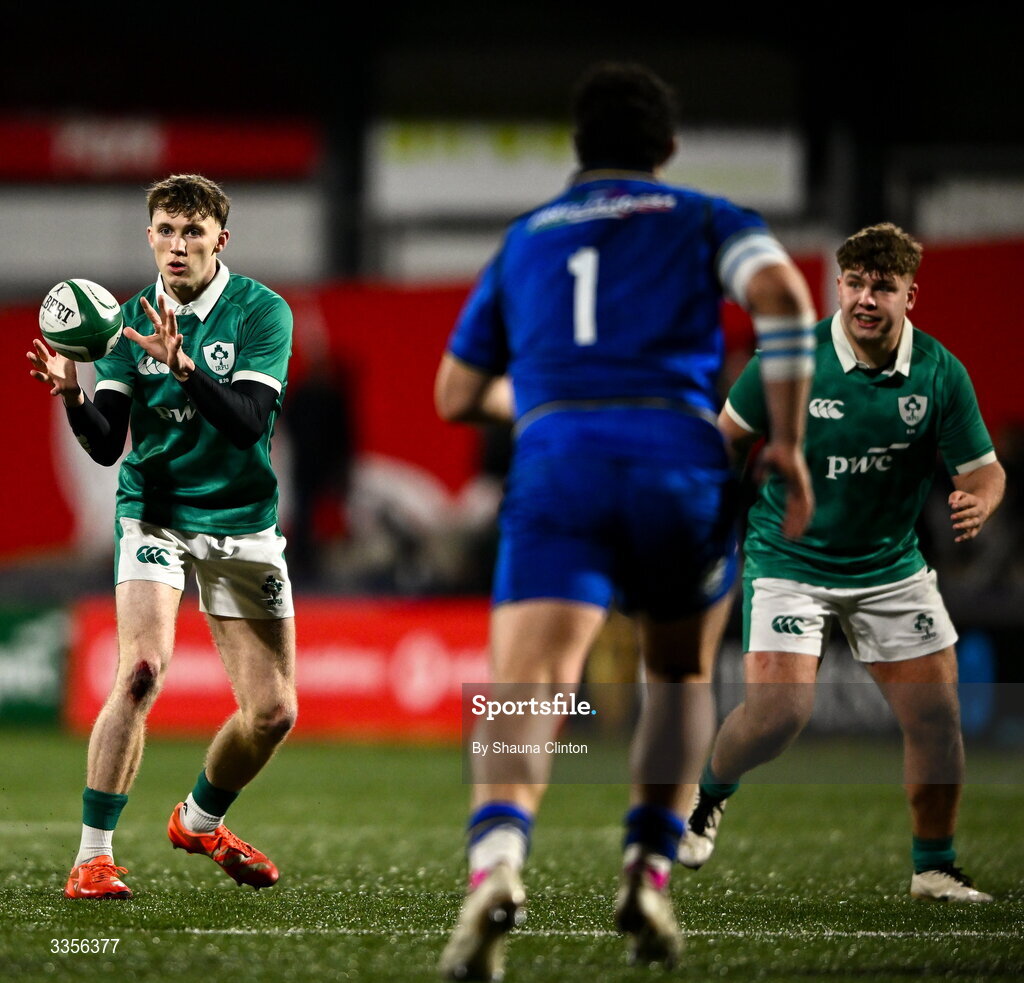 13 February 2026; Tom Wood of Ireland during the U20 Six Nations Rugby Championship match between Ireland and Italy at Virgin Media Park in Cork. Photo by Shauna Clinton/Sportsfile