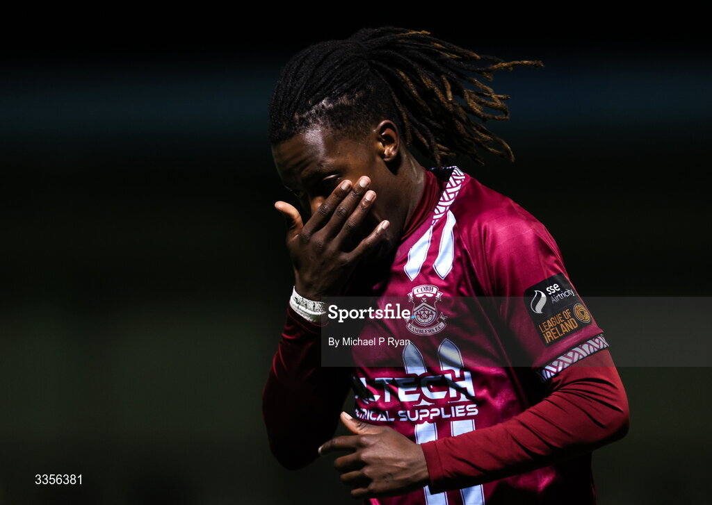 13 February 2026; Wilson Waweru of Cobh Ramblers during the SSE Airtricity Men's First Division match between Cobh Ramblers and Wexford at St Colman's Park in Cobh, Cork. Photo by Michael P Ryan/Sportsfile